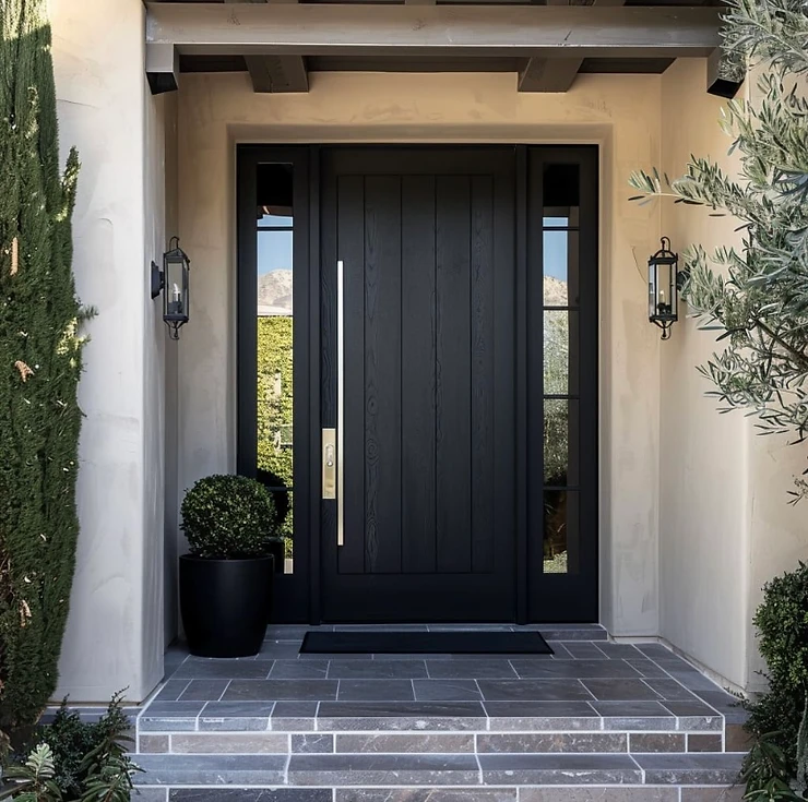 Black Exterior Door with Sconces